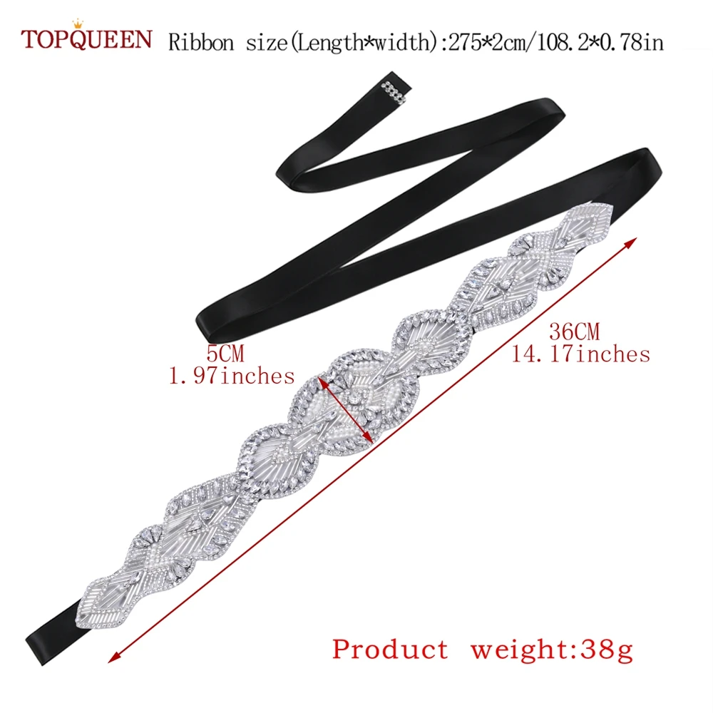 TOPQUEEN – ceinture de mariage avec strass, en cristal argenté, avec perles, pour fête, pour femme, S103