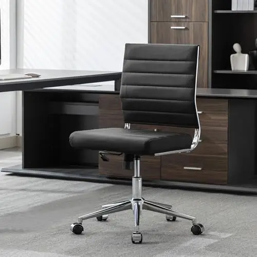 Armless Office Desk Chair, Mid Back Leather Conference Room Chairs Without Armrests, Modern Office Chair Ribbed.