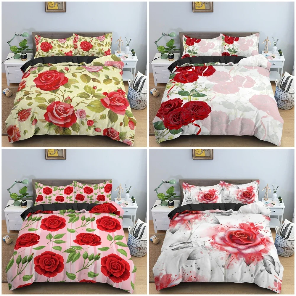 

2/3Pcs 3D Floral Bedding Set Luxury Cozy Duvet Cover Set With Pillowcase Beautiful Roses Bedclothes For Bedroom Decor Twin King