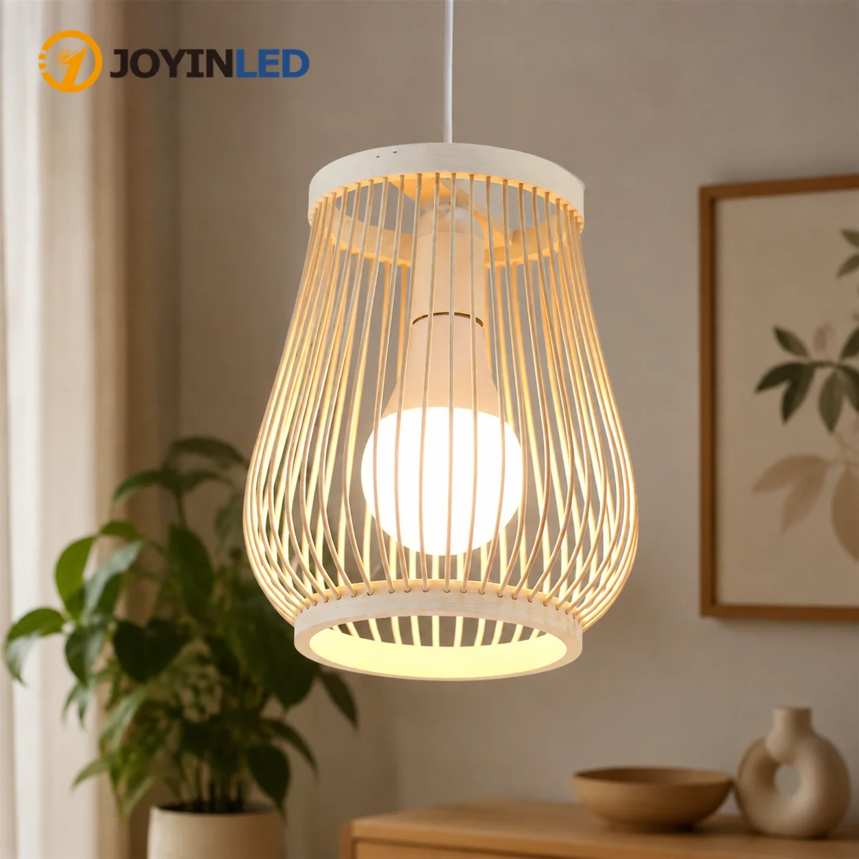JOYINLED Japanese Bamboo Pendant Lamp Handwoven Ceiling Light E27 Hanging Chandelier for Living Room Bedroom Cafe Decor 20x23cm