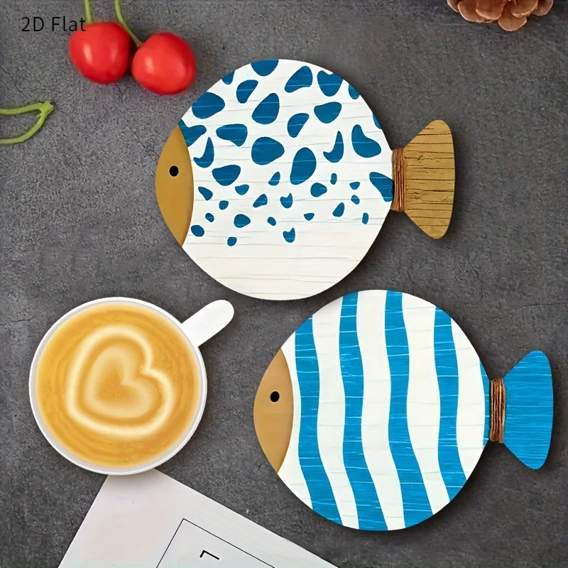 1/4PCS Fish-shaped Wooden Coasters - Bright Blue and White Patterns, Heat-resistant, Suitable for Bar or Office Decoration