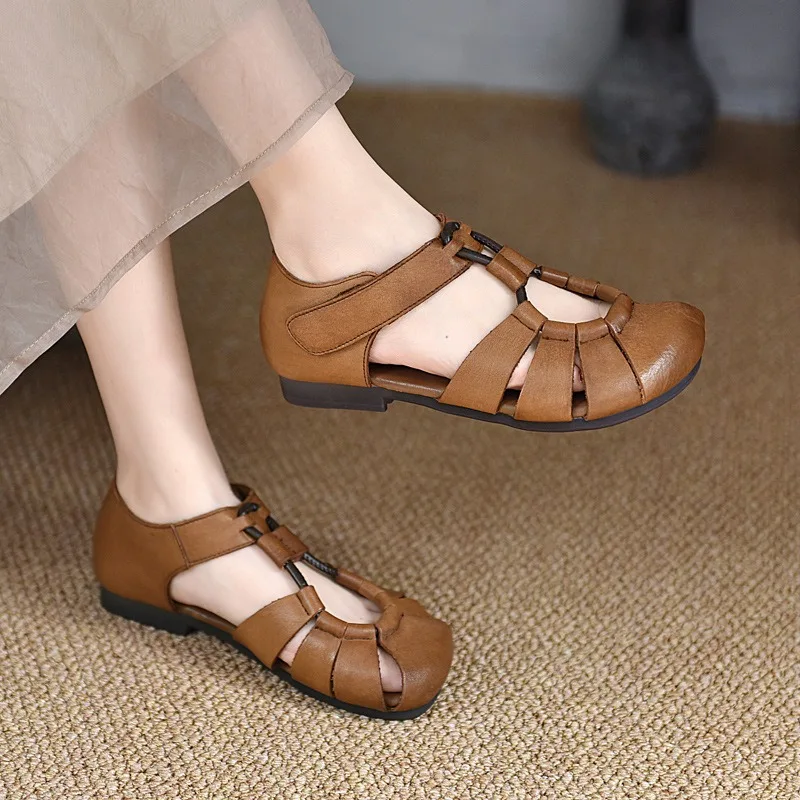 Ladies Shoes Hot Sale Closed Toe Women\'s Sandals Summer Rome Round Toe Solft Sole Hollow Solid Flat Casual Comfortable Sandals