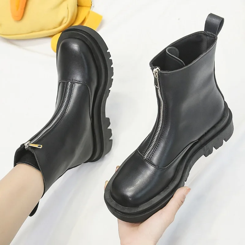 

Fashion Women Ankle Boot British Style Black Autumn Winter Motorcycle Boots Thick Sole Boots Front Zipper Boots Botas De Mujer