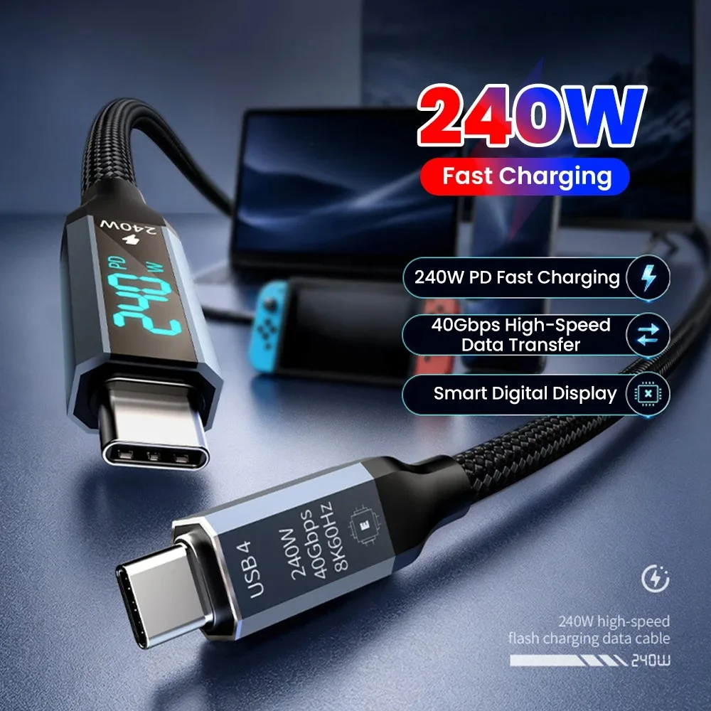 USB 4 Cable Digital Display 240W PD3.1 Fast Charging Cable 40Gbps High-Speed Data Transfer 8K@60Hz Video USB C to C Braided Cord