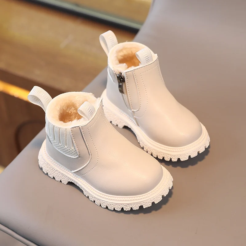 Plus Velvet Children Warmth Boots Comfortable Simple Side Zipper Design Non-Slip Handsome Shoes