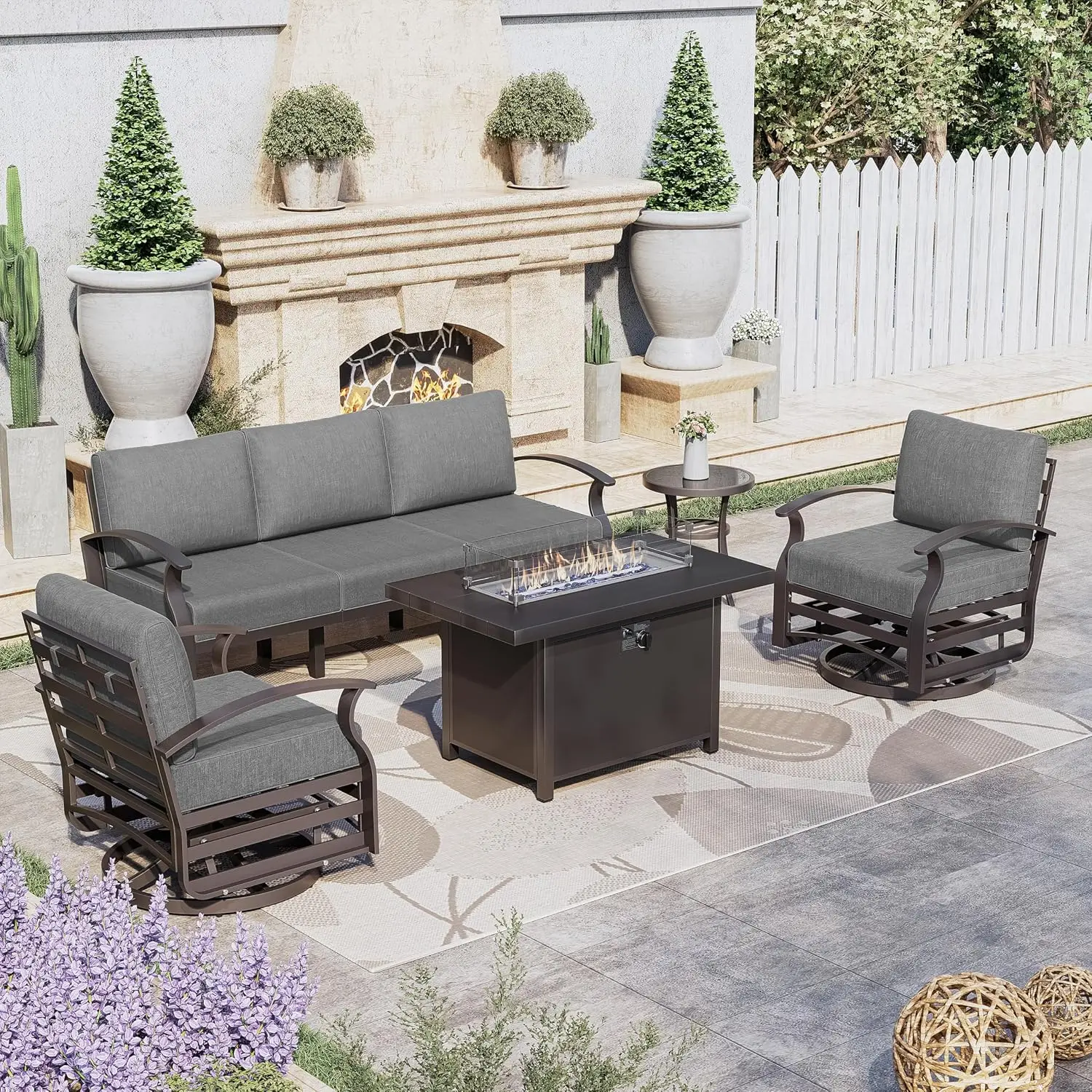 5-Seat Metal Patio Set w/Fire Pit Table, Swivel Chairs & Sofa w/Cushion, Grey, Customized