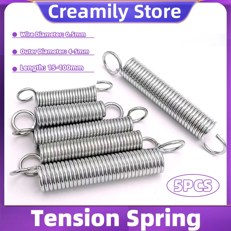 Creamily 5PCS Cylidrical Coil Pullback Extension Tension Hook Springs Wire Dia 0.5mm Outer Dia 4-5mm Length 15-100mm