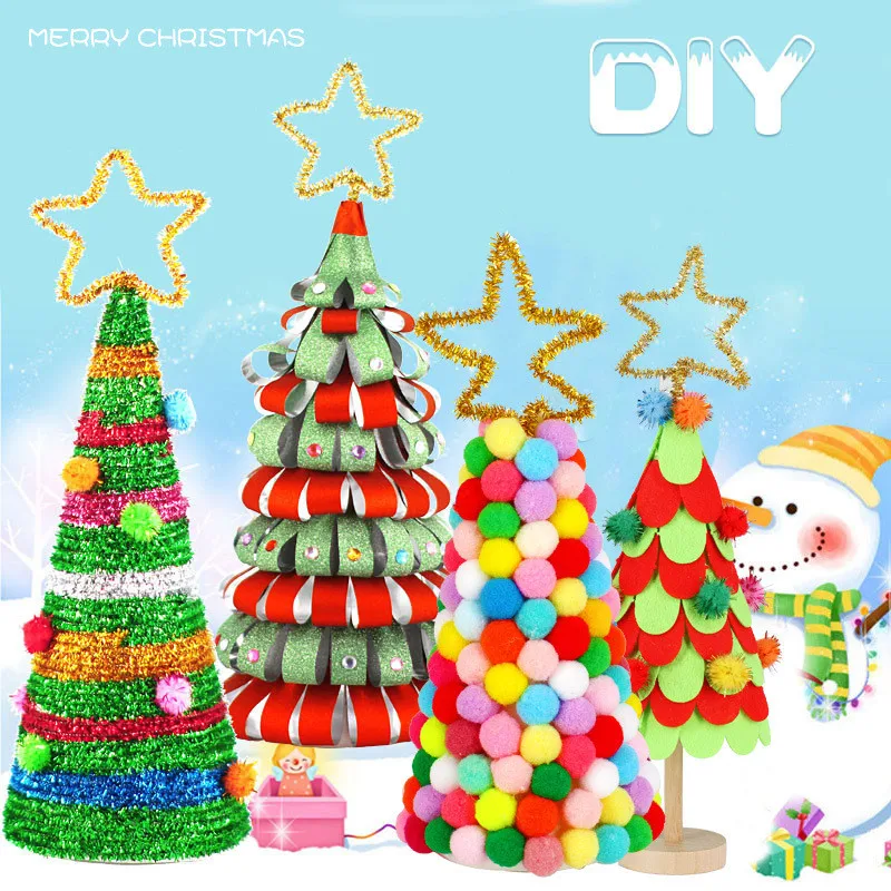 ZK30 DIY Christmas Tree Toy Children Creative Handmade Cartoon Arts Non-woven Pompom Ribbon Craft Kit Kids Educational Toys