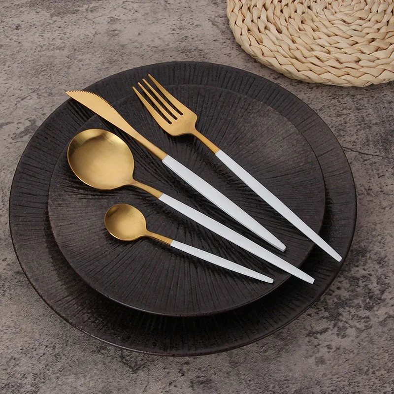 Custom Plated Gold Wedding Tableware Flatware Black Painted Handle Restaurant Stainless Steel Cutlery Set