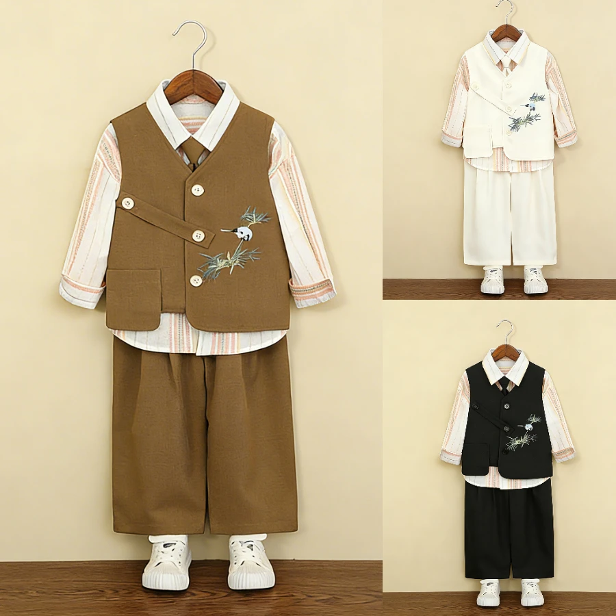 Boys Formal Suit Set Embroidered Bamboo Vest Striped Shirt Pants Kids Chinese Style Outfit for Wedding Party School Performance