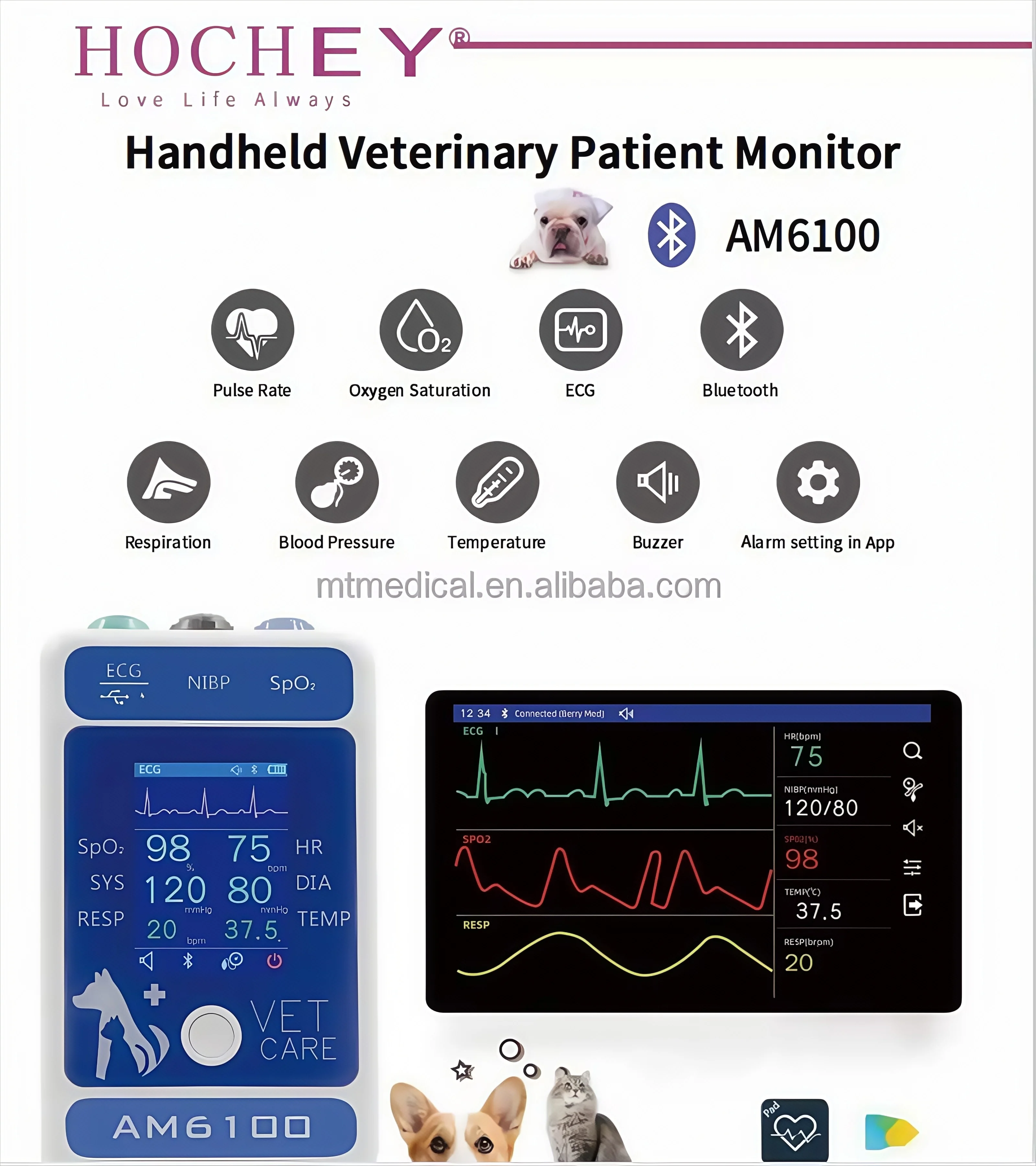 

Veterinary monitors can process various vital signs of animals and pets: PR, HR, NIBP, Spo2, Resp, ECG, TEM animal monitors