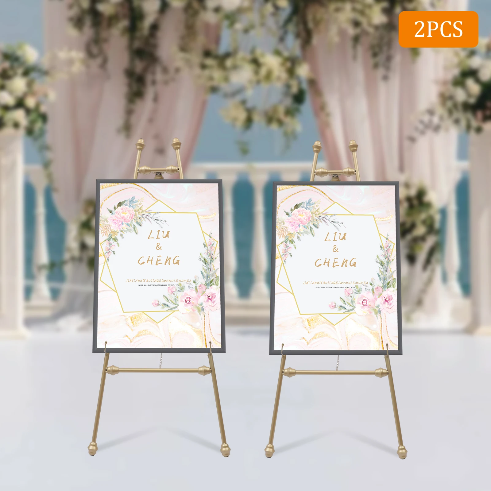 

46.5" Tall Large Golden Wedding Easel Stand with Adjustable Hooks 2PCS Metal Portable Floor Easel Stand for Decorative Display