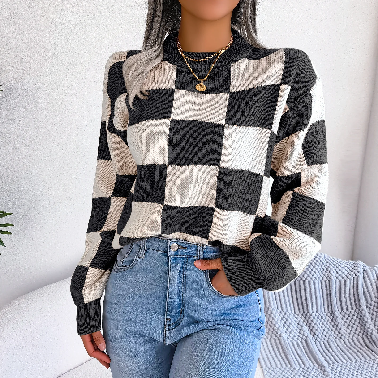 Women Fall Autumn Winter Knit Sweater Cozy Plaid Long Sleeve Crew Neck Sweater Y2K Street Date Pullover Ribbed KnittD Jumper Top