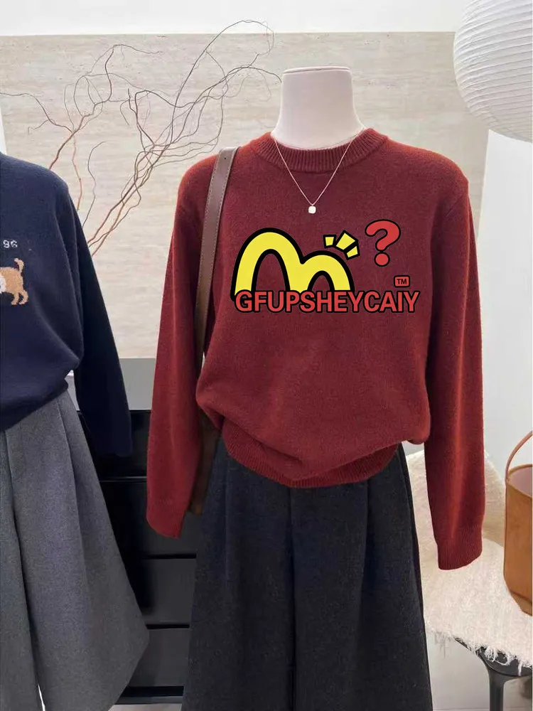 

Festive Wine Red Knitted Sweater Women's round Ne Long Sve Versatile Warm Top Faionable Anti-Aging for Young Women