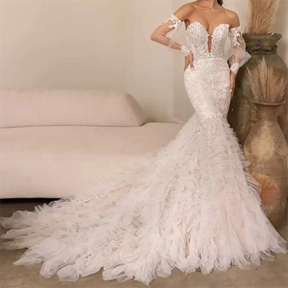 Sexy V-Neck Mermaid Wedding Dress with Lace Appliques and Spaghetti Straps - usage example