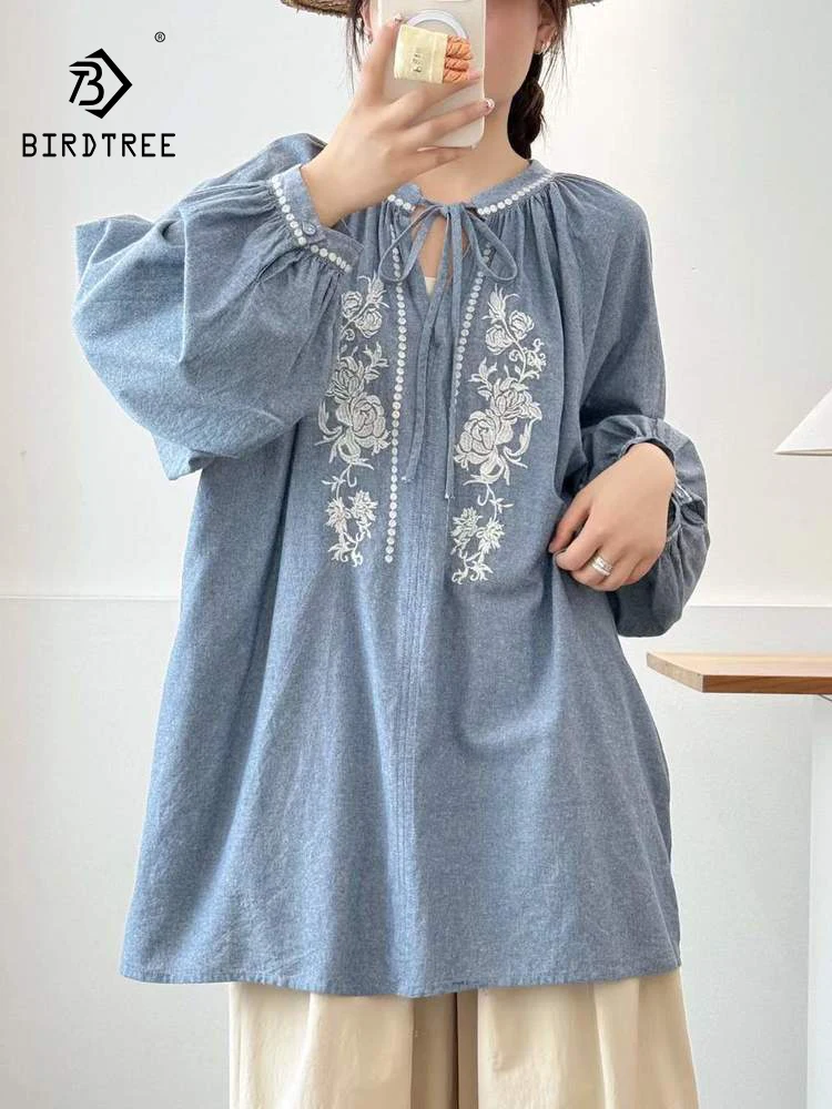 

New 2025 Winter Cotton Long Sleeve Shirt, Women V Neck Embroidery Lace-up, Mori Girl French Preppy Style Loose Blouse T5N983CC