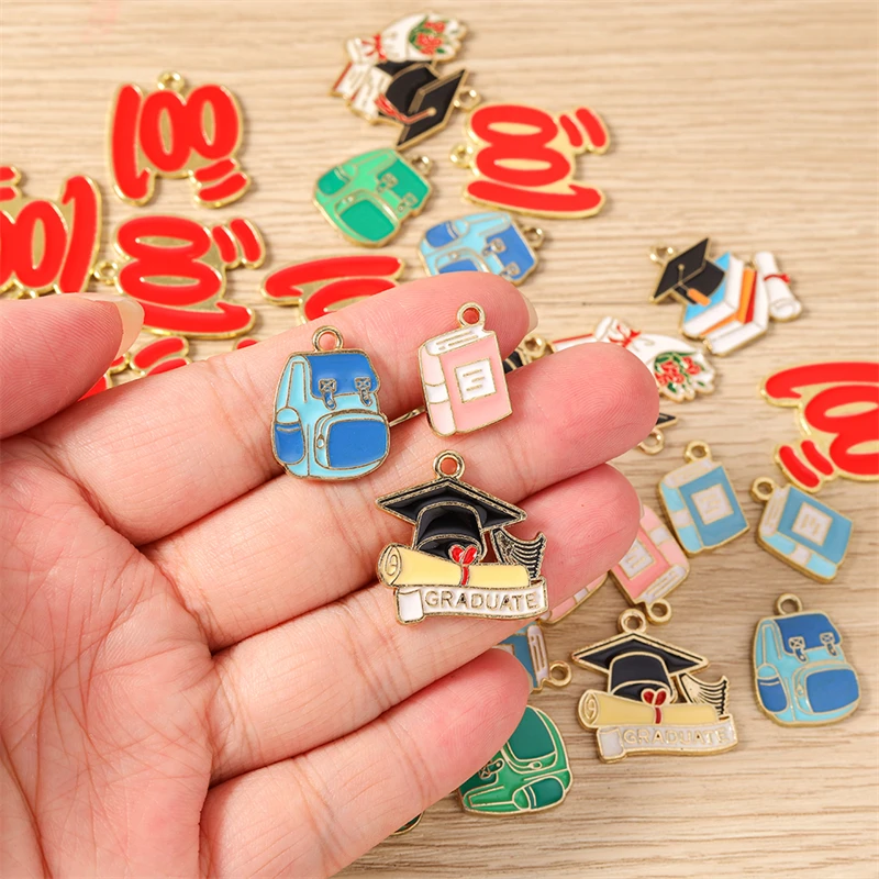 10pcs Enamel Graduation Schoolbag Score Book Charms Pendants for Jewelry Making Necklaces Earrings Bracelets DIY Crafts Supplies