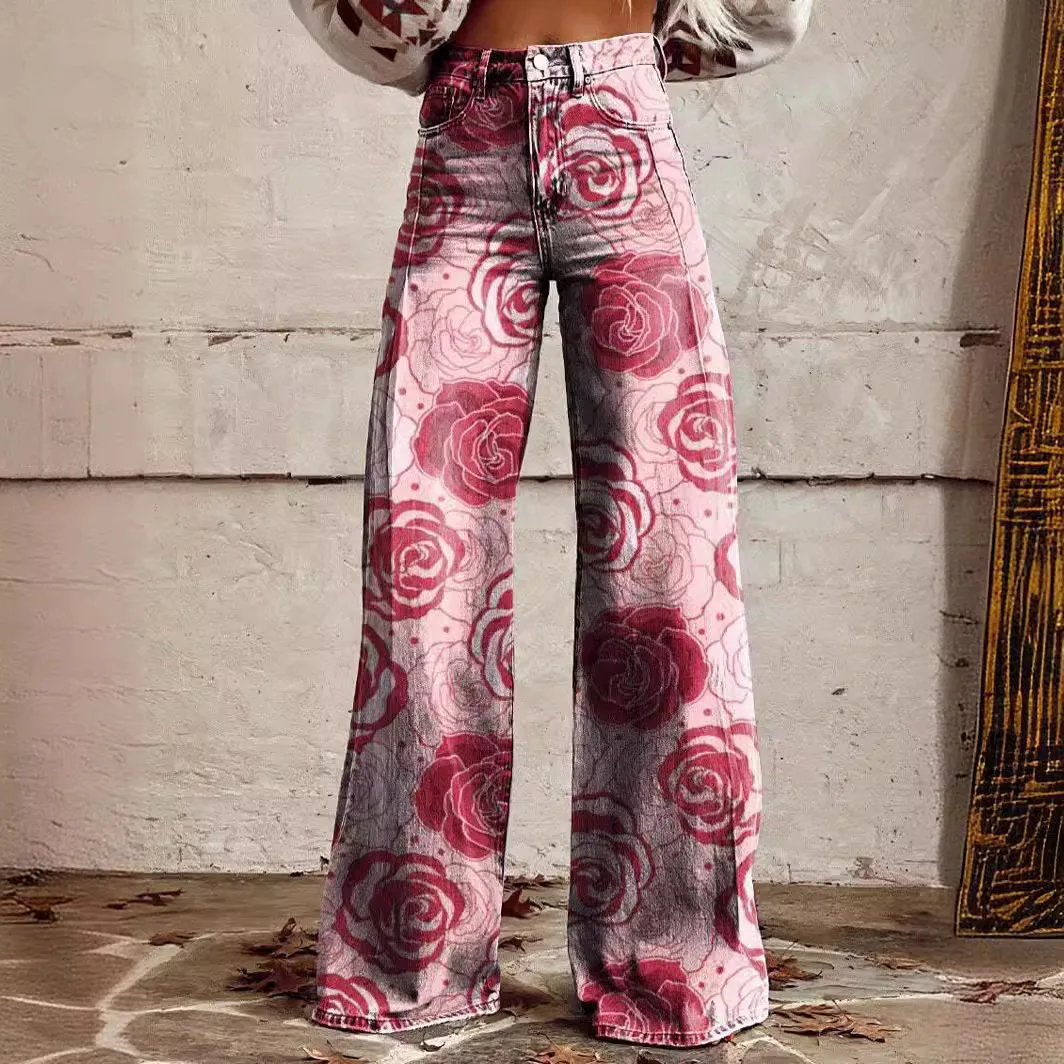 

2024 Autumn New Women's Casual Print Straight Pants Thin Imitation Jeans Baggy Wide Legs Pants