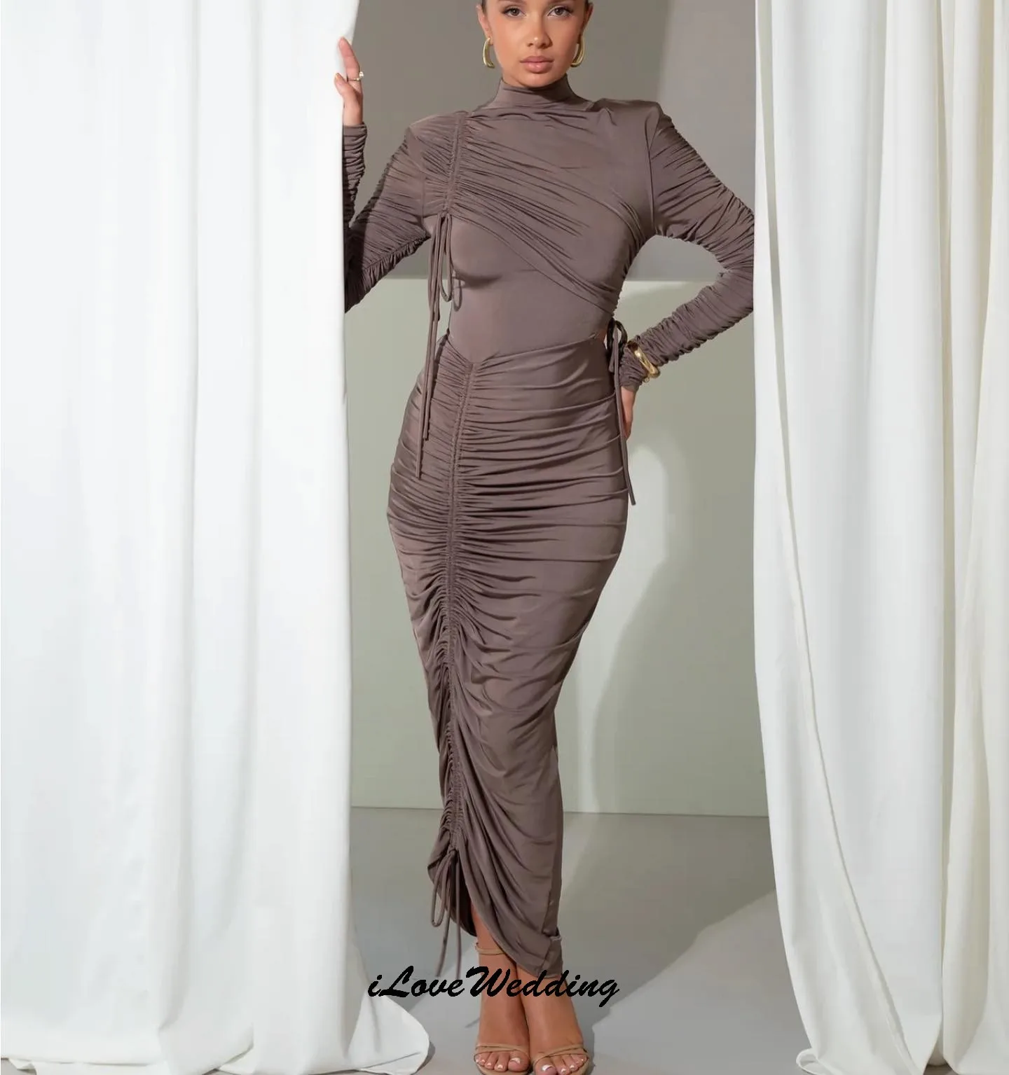

Grey-Brown High Neck Elegant Evening Dresses 2025 Mermaid Long Sleeve Women Party Dress Tea-Length Pleated Dubai Gala Customized