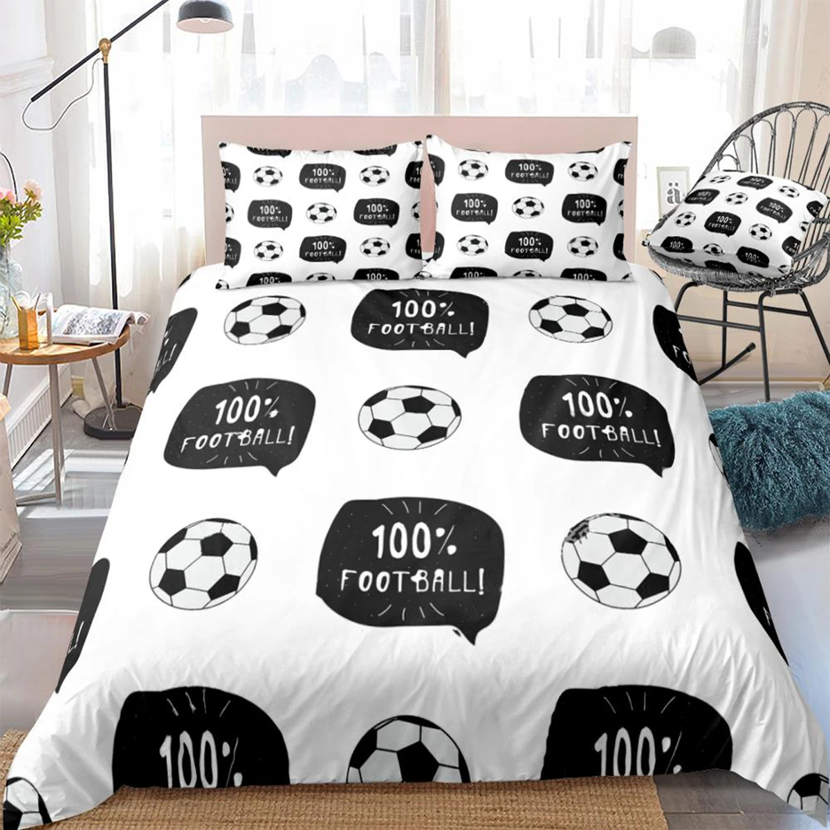 

3 Pieces Football Duvet Cover Set Sports Ball Bedding Kids Boys Teens Black White Quilt Cover Queen Bed Set Balls Dropship