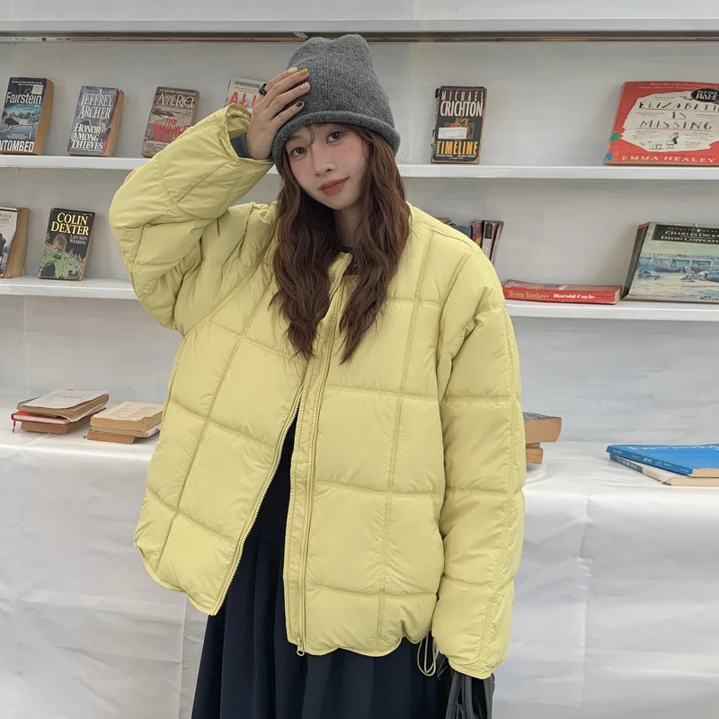 

Womens Square Down Jacket Winter New Loose Casual Korean Round Neck Thick Cotton Jacket Warm Outerwear
