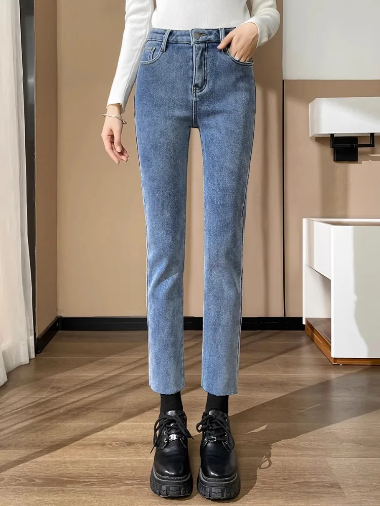 Women's Fleece Lined Thick High Waist Straight Leg Jeans Winter New Style Autumn Winter Short Women Heightening Nine Point Sm...