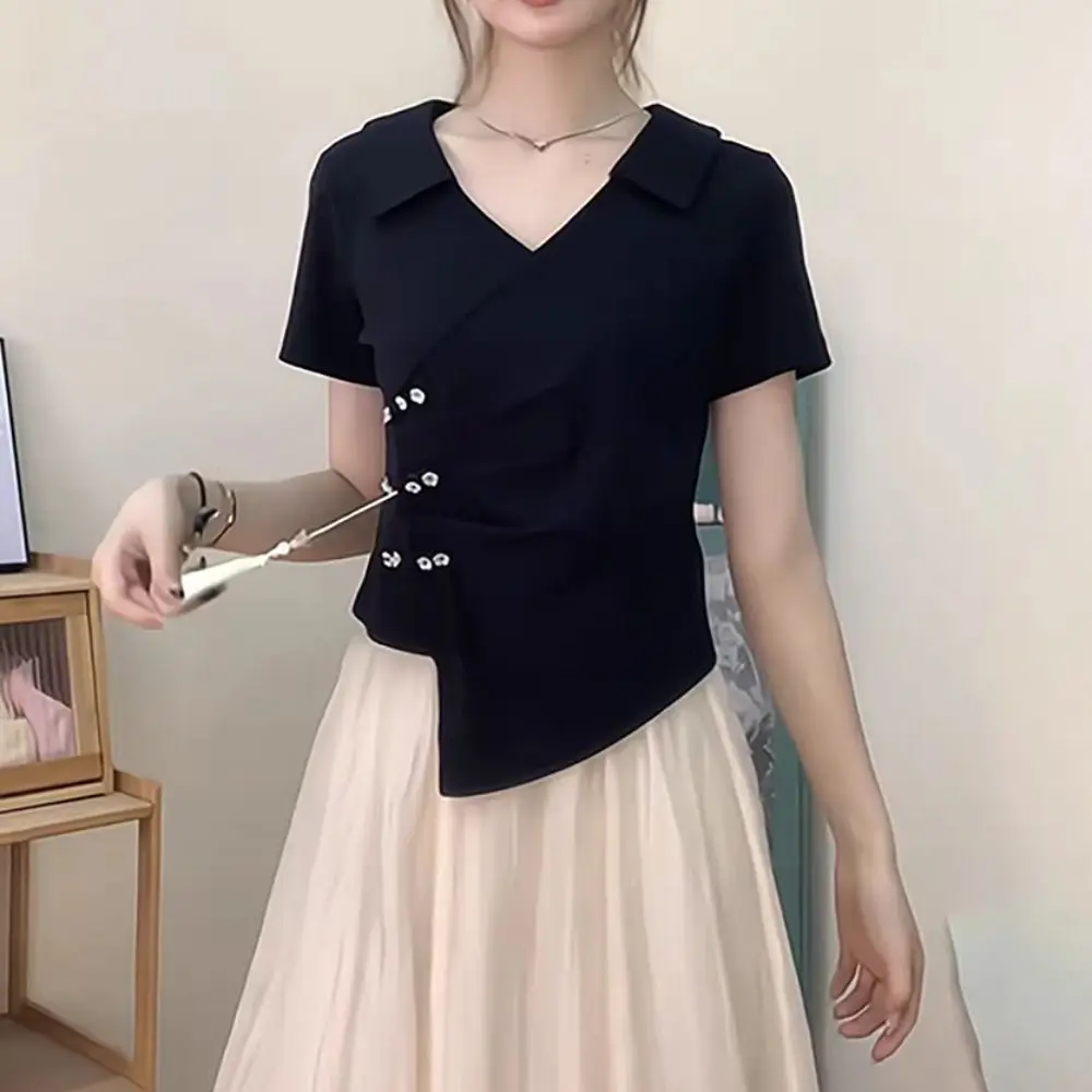 

Tassel Pendant Irregular V-neck T-shirt Flower Button Chinese Style Women's Slim Crop Tops Female Summer Tops Streetwear