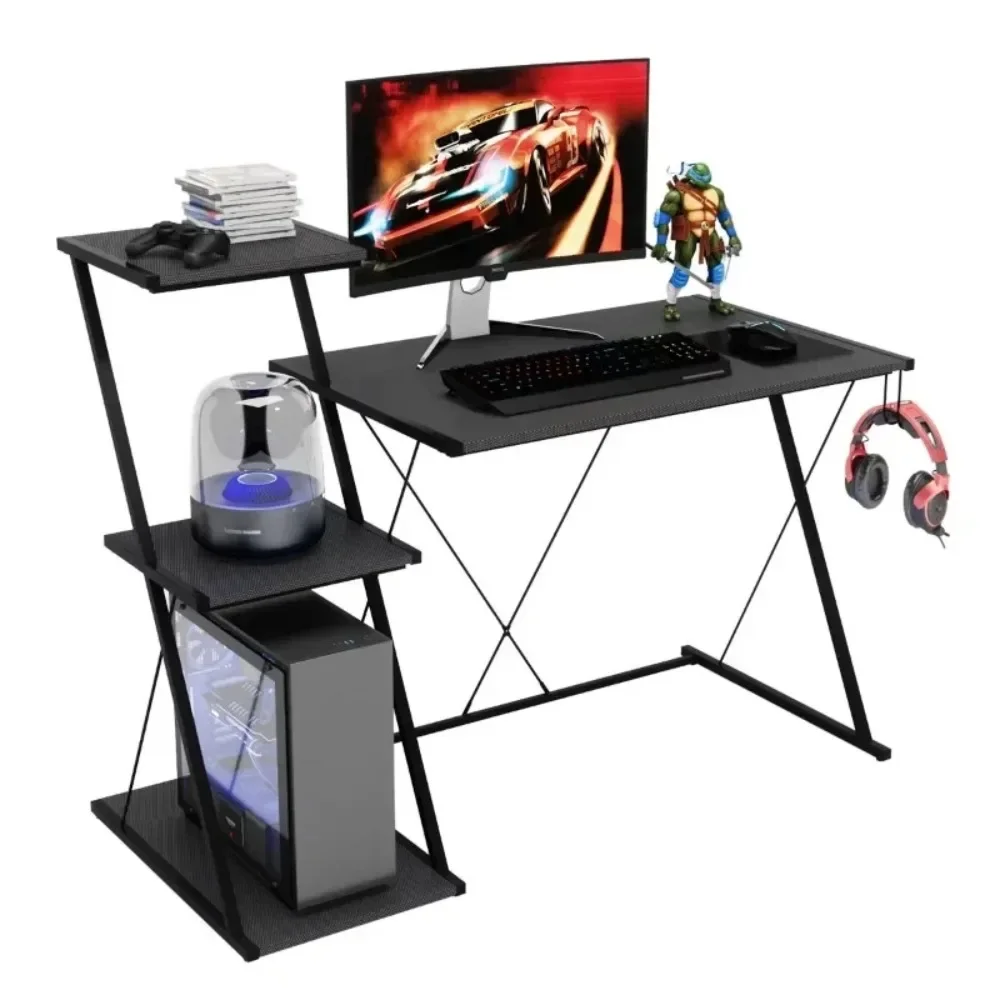 

' Gaming Desk with 3-Tier Open Shelf Come with Headset Hook in Black