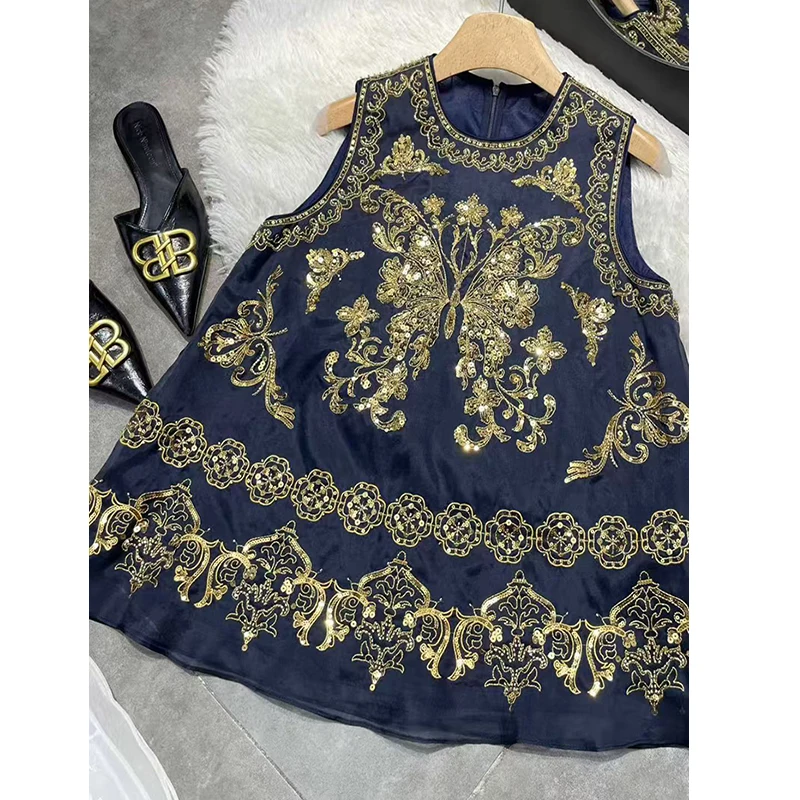 Summer New Chinese Style O-Neck Sleeveless Silk Organza Fabric Sequin Butterfly Embroidery Back Zipper Design Lady Vest S-XL