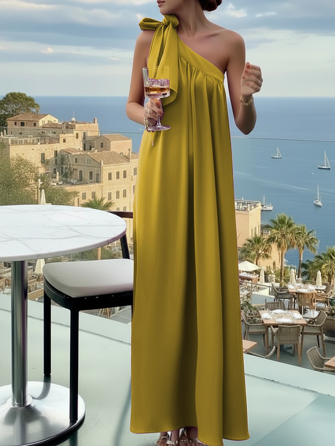 

Olive Green One-Shoulder Knot Neck Maxi Dress, Elegant Solid Color Flowy Gown for Summer Evening