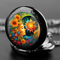 Sun and Moon Goddess Quarzt Pocket Watch with Chain Necklace Vintage Quartz Pendant Watches Clock Chain Mens Women