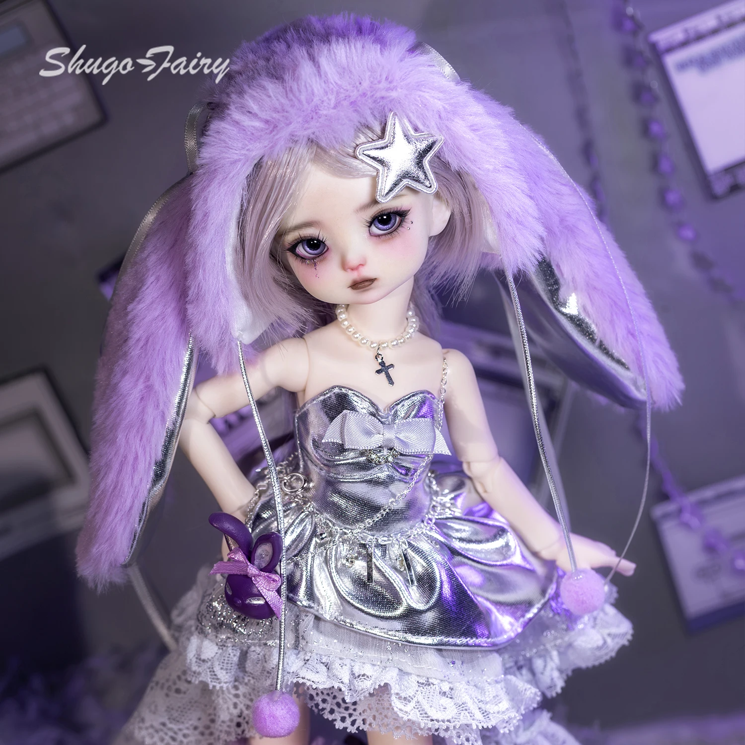 ShugaFairy 1/6 BJD Rinty A Full SetY2K Cute Punk with Sweet Cool VibePurple & Silver Handmade Resin Ball-Jointed Doll Furry Hat