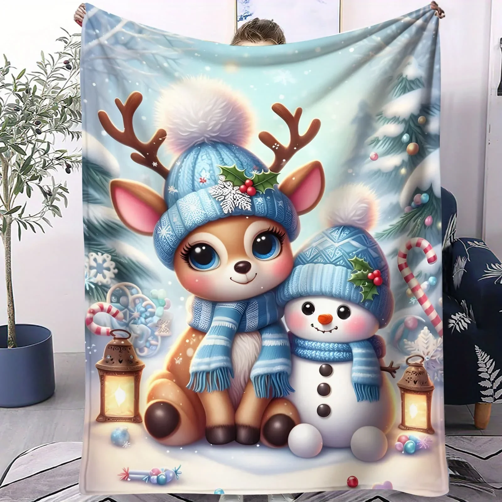 Manta azul de invierno con ciervos y muñecos de nieve, acogedora y festivo para sala de estar, dormitorio,amantes de la fantasía