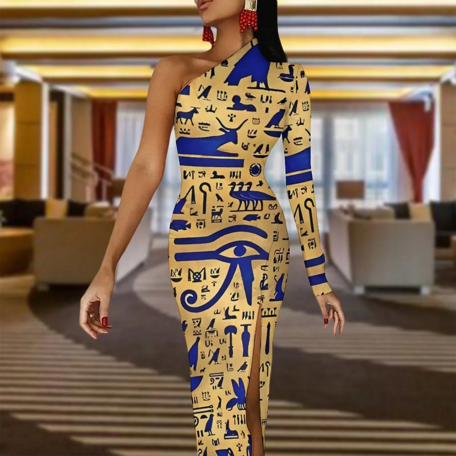 Ancient Egyptian Art Maxi Dress One Shoulder Lapis Lazuli and Gold Party Bodycon Dresses Summer Pretty Dress Lady Design Clothes