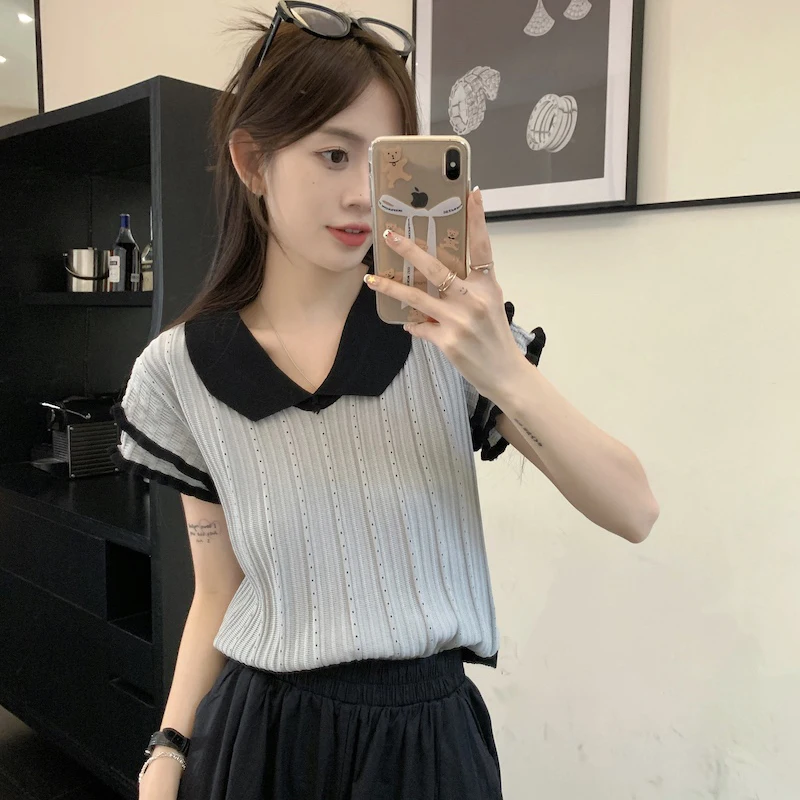 Korean Elegant Knitted Shirt Women Summer Vintage Thin Short-Sleeve Blouse Grey Chic Sweet Loose Female Patchwork Tees