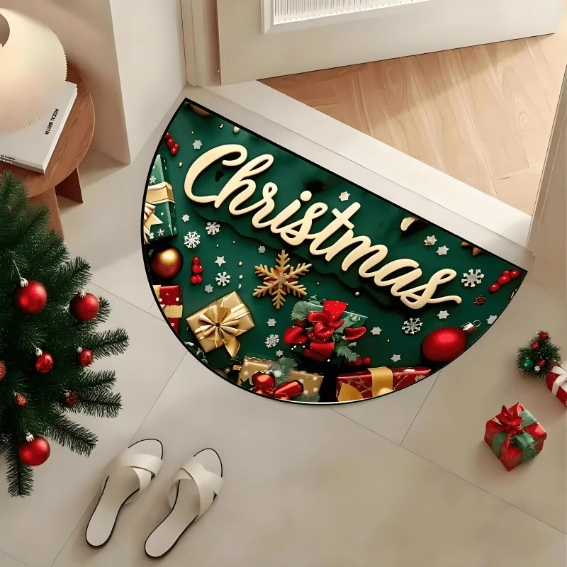 Green Background Gift Box Pine Branch Bell 3D Effect Rug For Kids Room Playful Xmas Vibe Non Slip Decorative Floor Cover