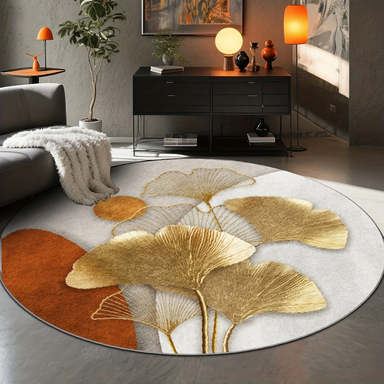 golden ginkgo leaf round carpet flannel luxury living room decor sophisticated floor mat elegant area rug natural inspired home