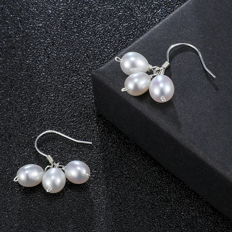 HENGSHENG Natural Freshwater White Three Rice Shape Pearl 925 Sterling Silver Ear Hook Fashion Trendy Jewelry for Women Girls