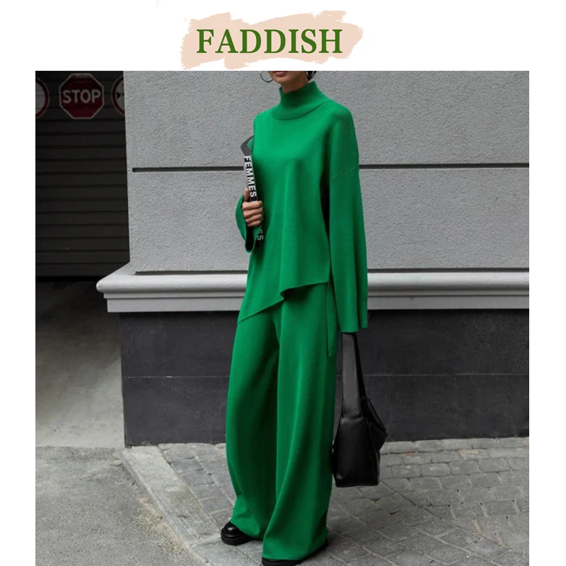 FADDISH-Womens Half Turtleneck Knit Sweater Wide Leg Pants Set, Long Sleeve, Loose, Casual, Autumn, Winter, Female Fashion, 2024