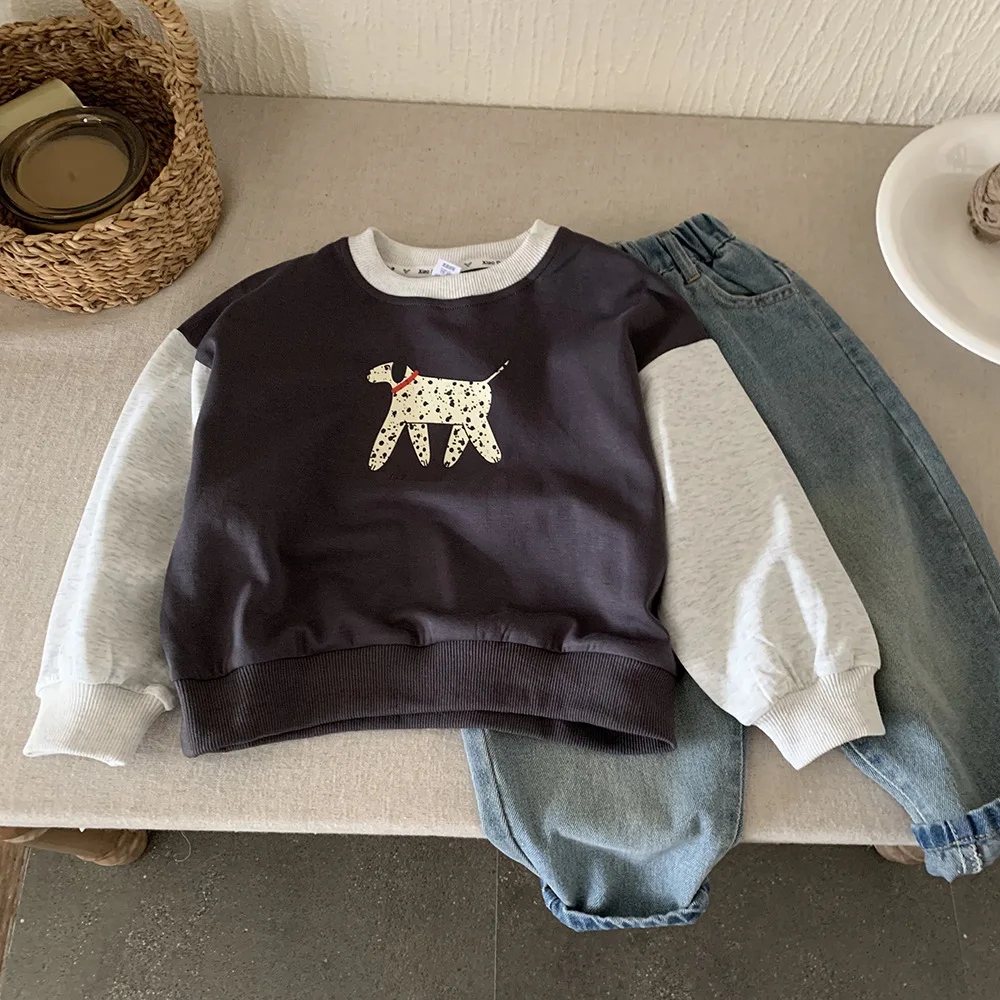 Childrens Top Spring and Autumn New Korean Loose Round Neck Cartoon Collar Hoodie Fashionable and Versatile for Daily Use