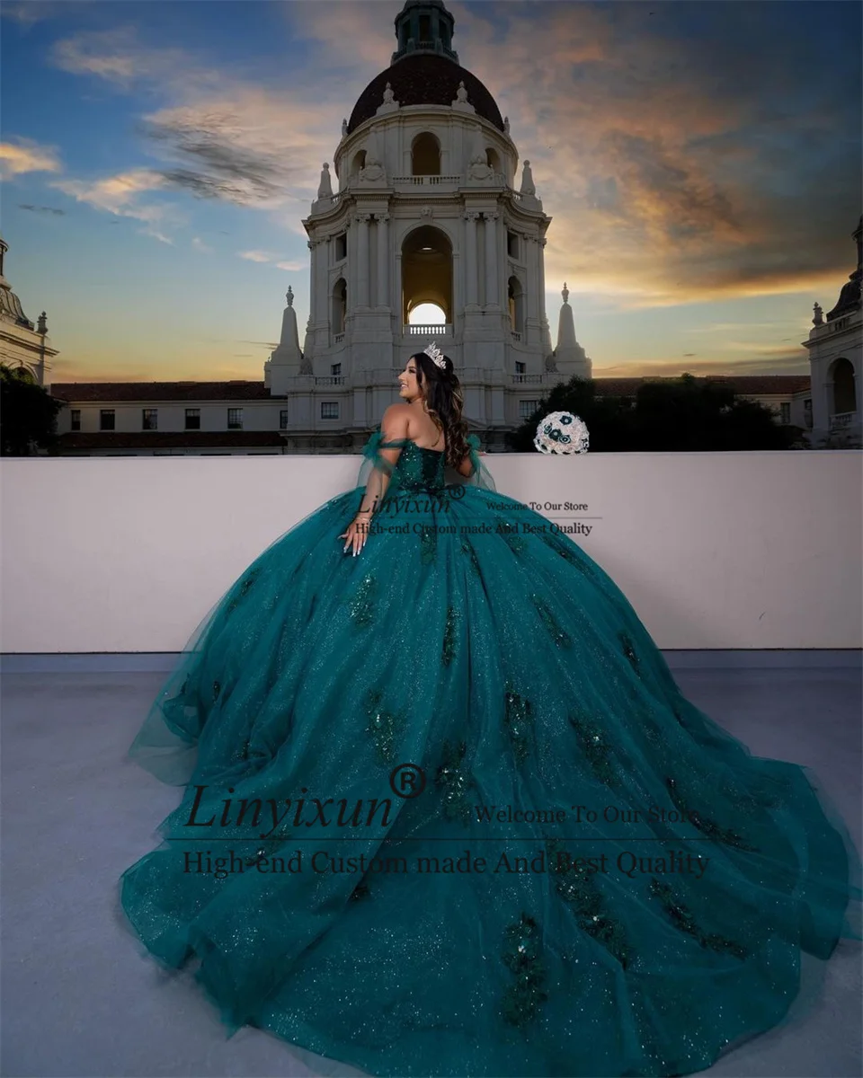 Elegance Emerald Green Quinceanera abiti Ball Gown Floral Applique Crystal Sweet 16 abiti festa di compleanno Vestidos De 15 aecos