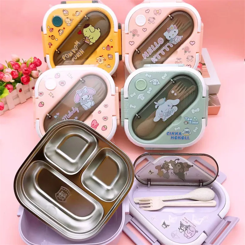 New Sanrio Kuromi Melody Pudding Dog Kitty Plastic Compartment Lunch Box Microwave Japanese Tableware Insulated Bento Box Quick