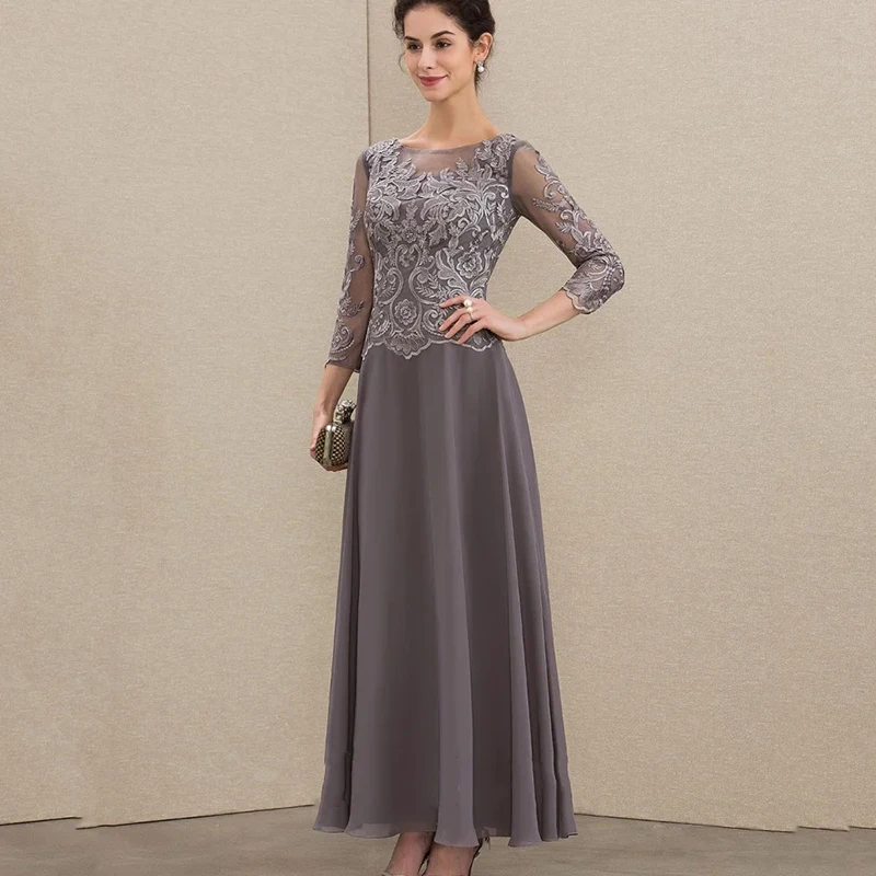Robe de soirée grise pour femmes, avec décolleté bateau transparent, dentelle complexe brodée sur corsage, robe de bal, manches trois-quarts en dentelle