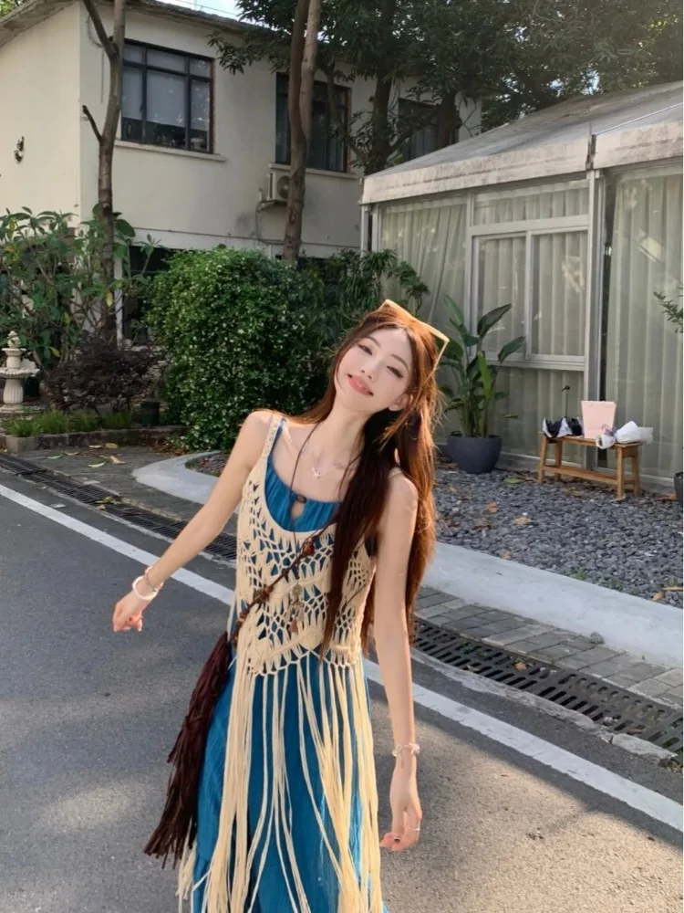 Sweet Vacation Beach Dress Sets Women Tassel Cover Up Vest Suspender Dress 2-piece Set Design All-match Long Dresses Outfits