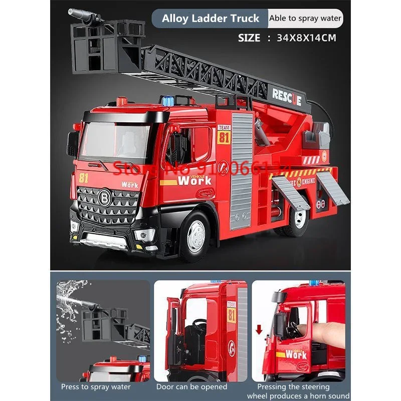 1:50 Simulation Children Toy Fire Truck Alloy Front End Inertial Driving LED Lamp Siren Sound Effect Boy Gift Fire Rescue Truck