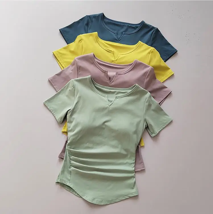 

V-neck Tie Breast Pad Yoga Suit Short Sleeve Women's Gym Summer Slim Training Fitness Top Quick Dry Running T-shirt Clothing