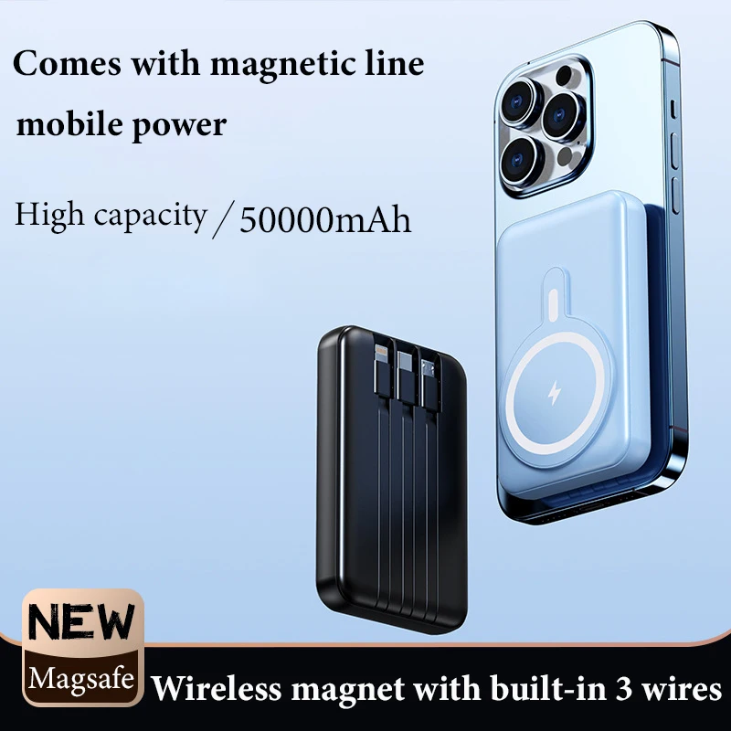 Magsafe portable power bank wireless magnetic built-in 3-wire 50000mAh large capacity power bank fast charging for Xiaomi 14