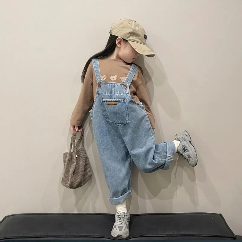 New Kid Boys Overall Girls Denim Strap Pants Solid Color Trousers Spring Autumn New Casual Cargo Pant Fashion Clothing 2-8 Years
