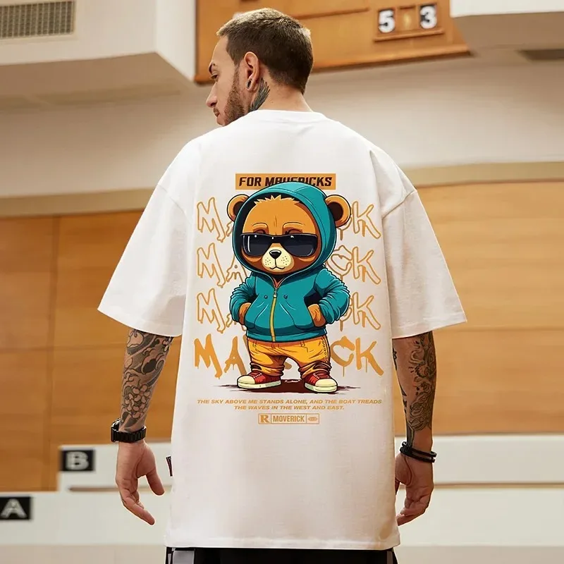 2024 Summer Letter Bear 100% Cotton High Quality Printed T-shirt Harajuku Clothing Leisure Street Fitness T-shirt Round Neck Top