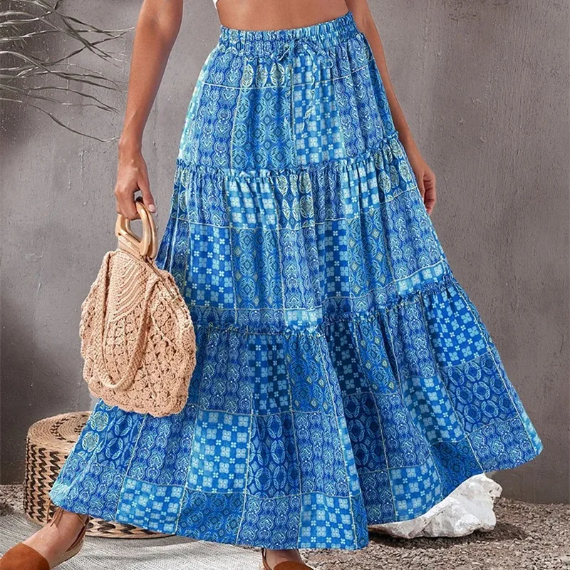 Bohemian Beach Skirt, Vintage Ruffle, Loose A-line Skirt, Elastic, High Waist, Printed, Summer, 2024 New, 8626